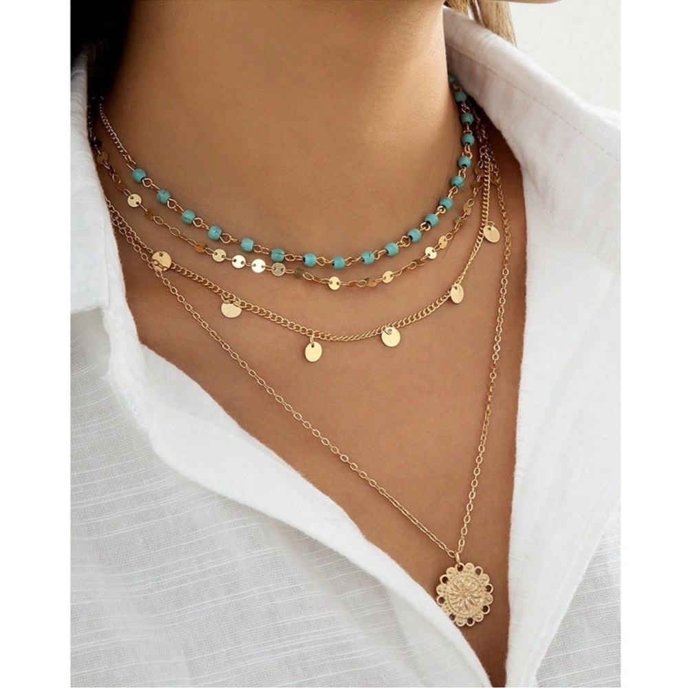 Luxe Gold Tone Blue Bead Multilayer Necklace